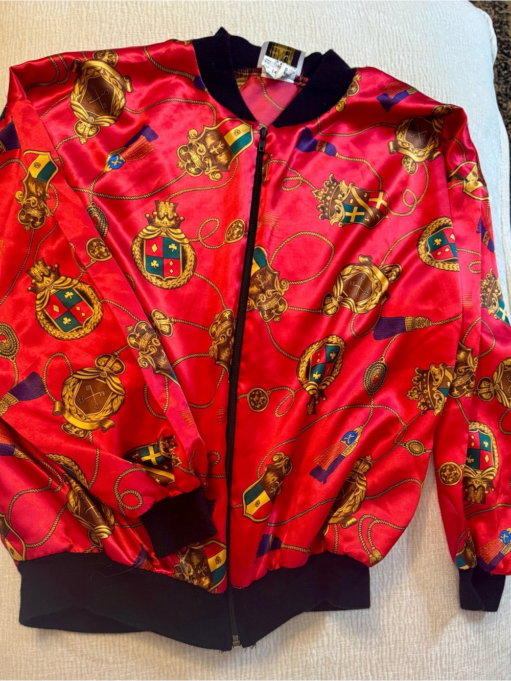 Jessica Red Satin Bomber Jacket with Gold Crest Print